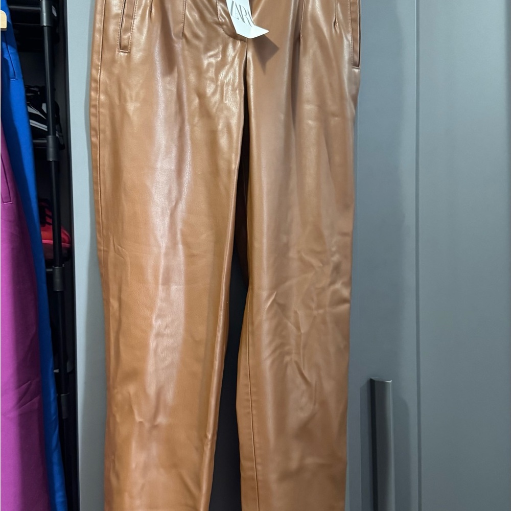 Zara Whiskey Leather Pants Tailored High-Waisted